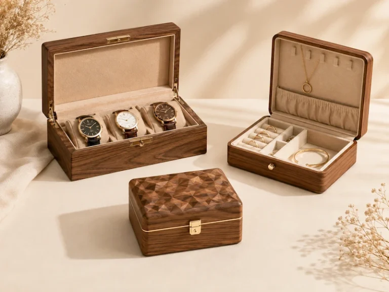Premium wooden watch box, jewellery box and personalized keepsake gift box displayed on a soft cream background
