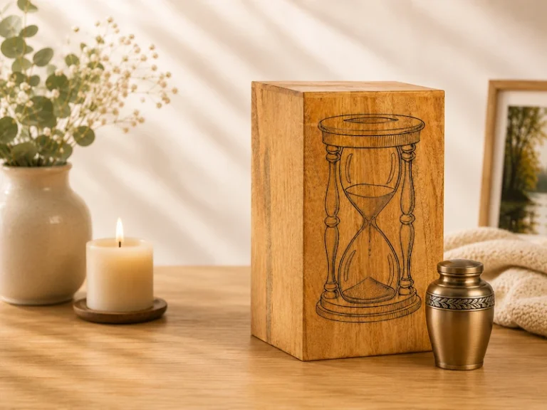 Wooden rectangular memorial urn with hourglass engraving and small metal keepsake urn displayed in a warm remembrance setting