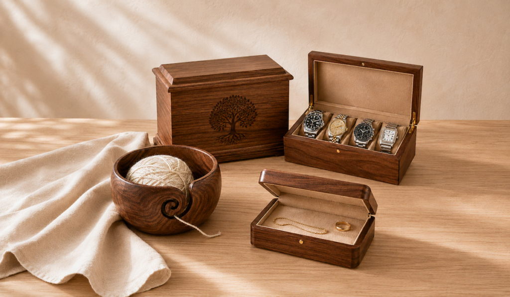 Handcrafted wooden yarn bowl, memorial urn, watch box and jewellery box by Crafty Duniya