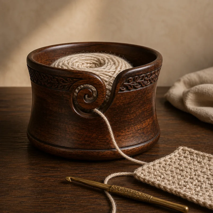 Antique-style carved wooden yarn bowl holding cream yarn beside a brass crochet hook