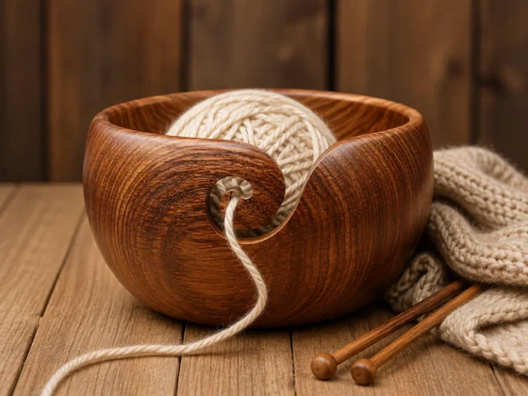 wooden yarn bowl with yarn and knitting needles