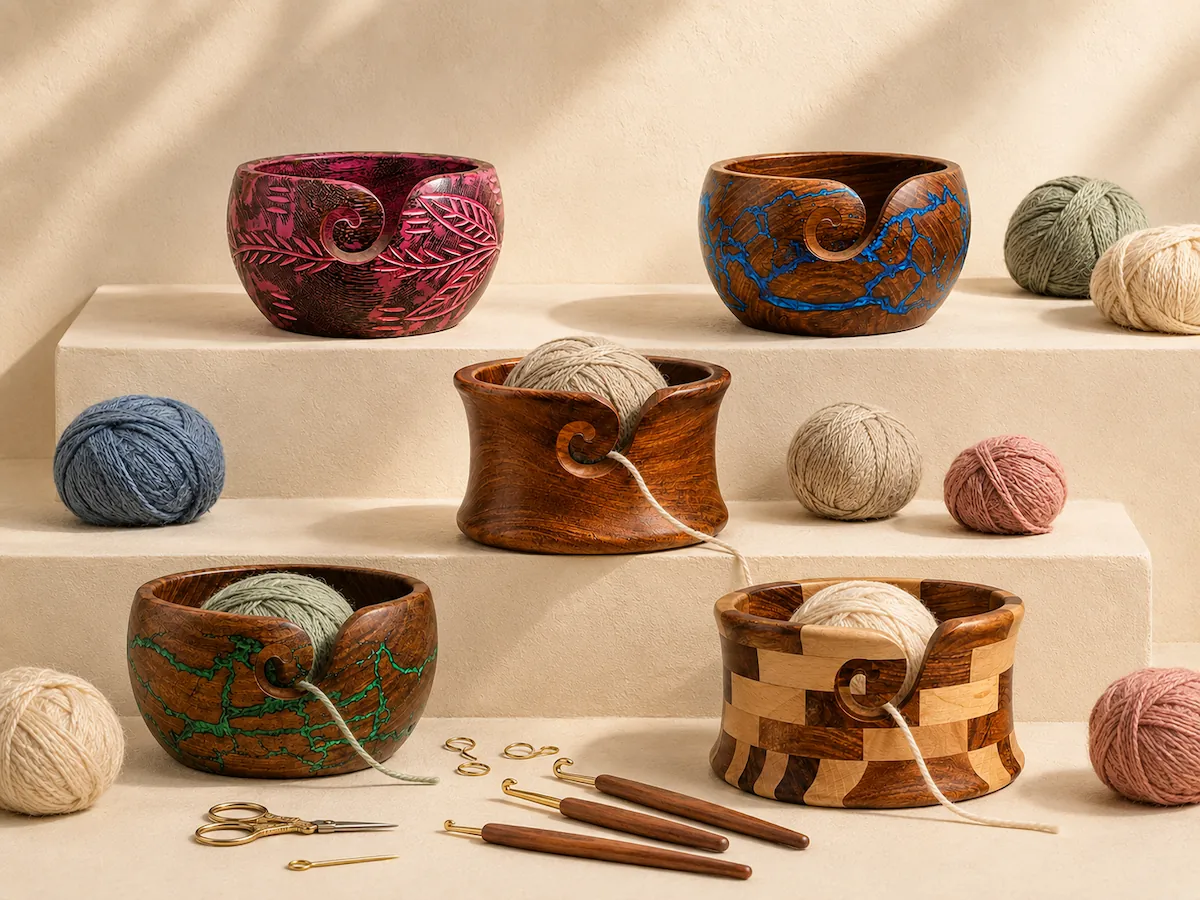 Handcrafted wooden yarn bowls holding yarn with crochet tools displayed on cream steps